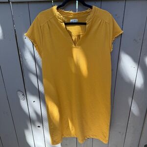 Wonderly Mustard Yellow French Terry Shift Dress Fringe V-Neck Short Sleeve L